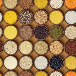 Seamless pattern of different cereals, grains and flakes. Top view